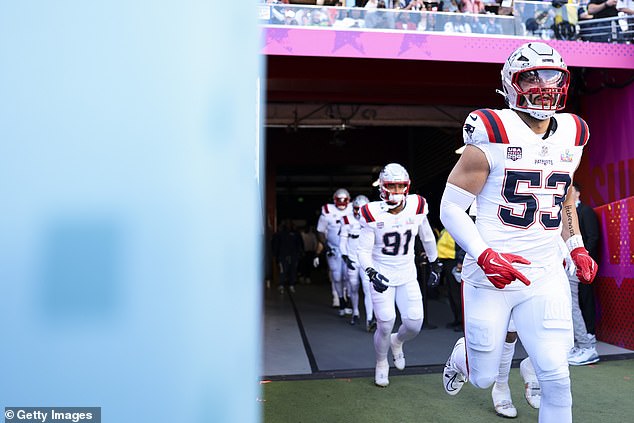 SANTA CLARA, CALIFORNIA - FEBRUARY 08: Christian Elliss #53 of the New England Patriots runs on the field prior to Super Bowl LX against the Seattle Seahawks at Levi's Stadium on February 08, 2026 in Santa Clara, California. (Photo by Kathryn Riley/Getty Images)