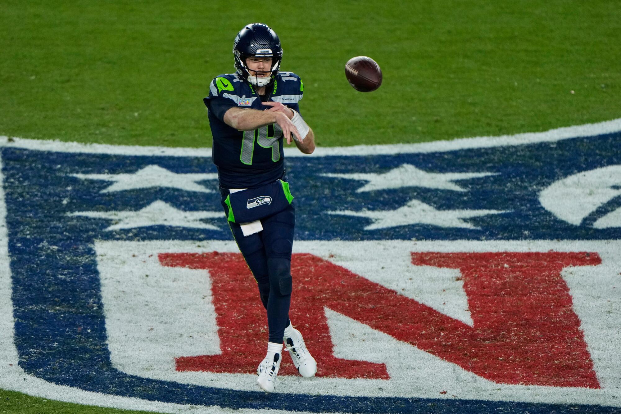 Seattle Seahawks quarterback Sam Darnold throws a pass during the second half against the New England Patriots.