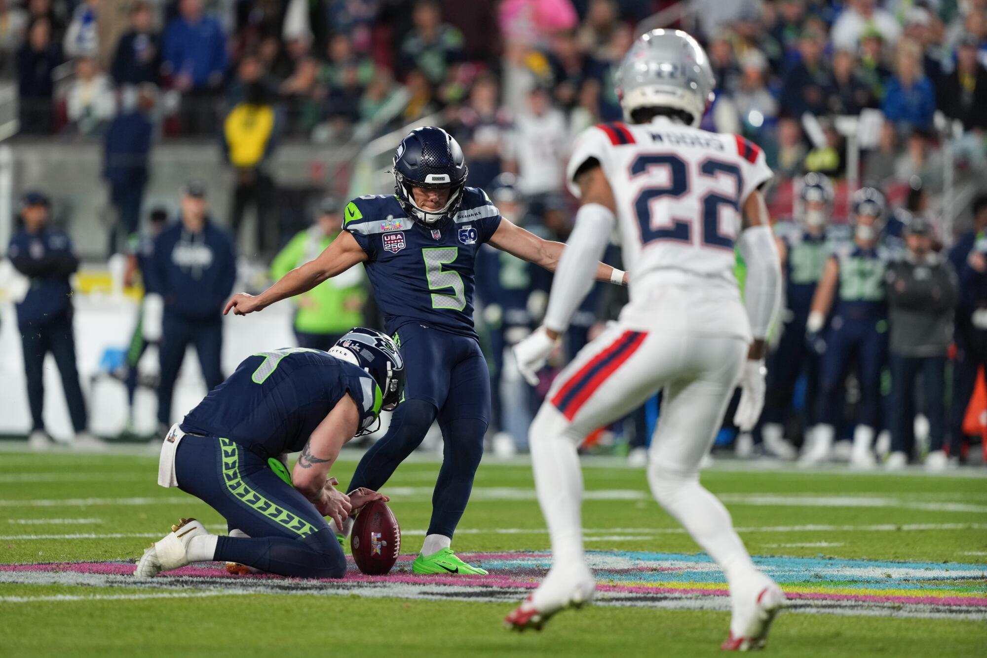 Seattle Seahawks kicker Jason Myers makes a field goal during the second half of the NFL Super Bowl 60