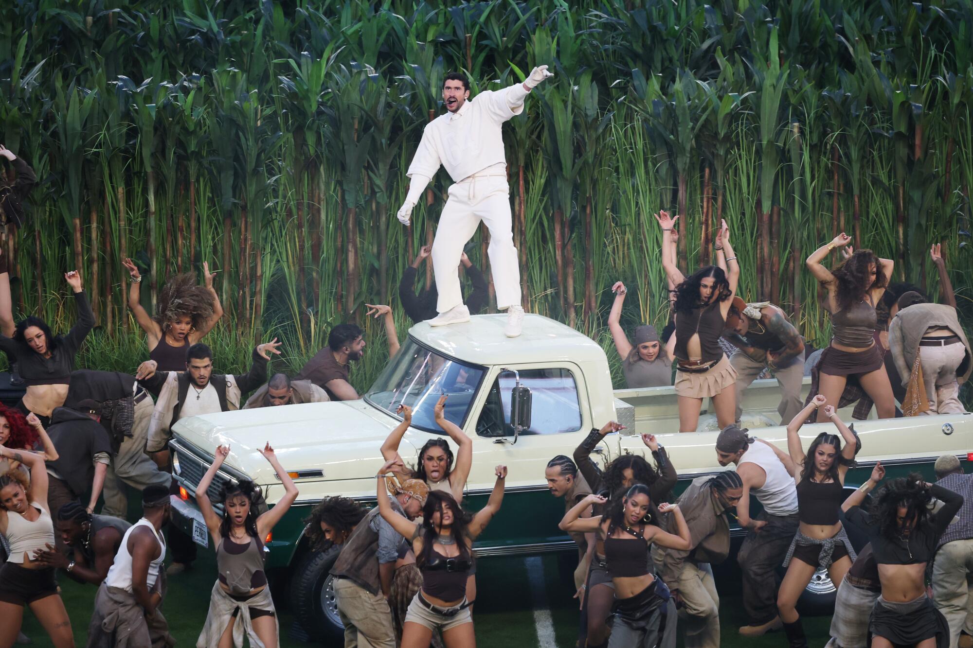Bad Bunny performs during Sunday's Super Bowl LX halftime show.