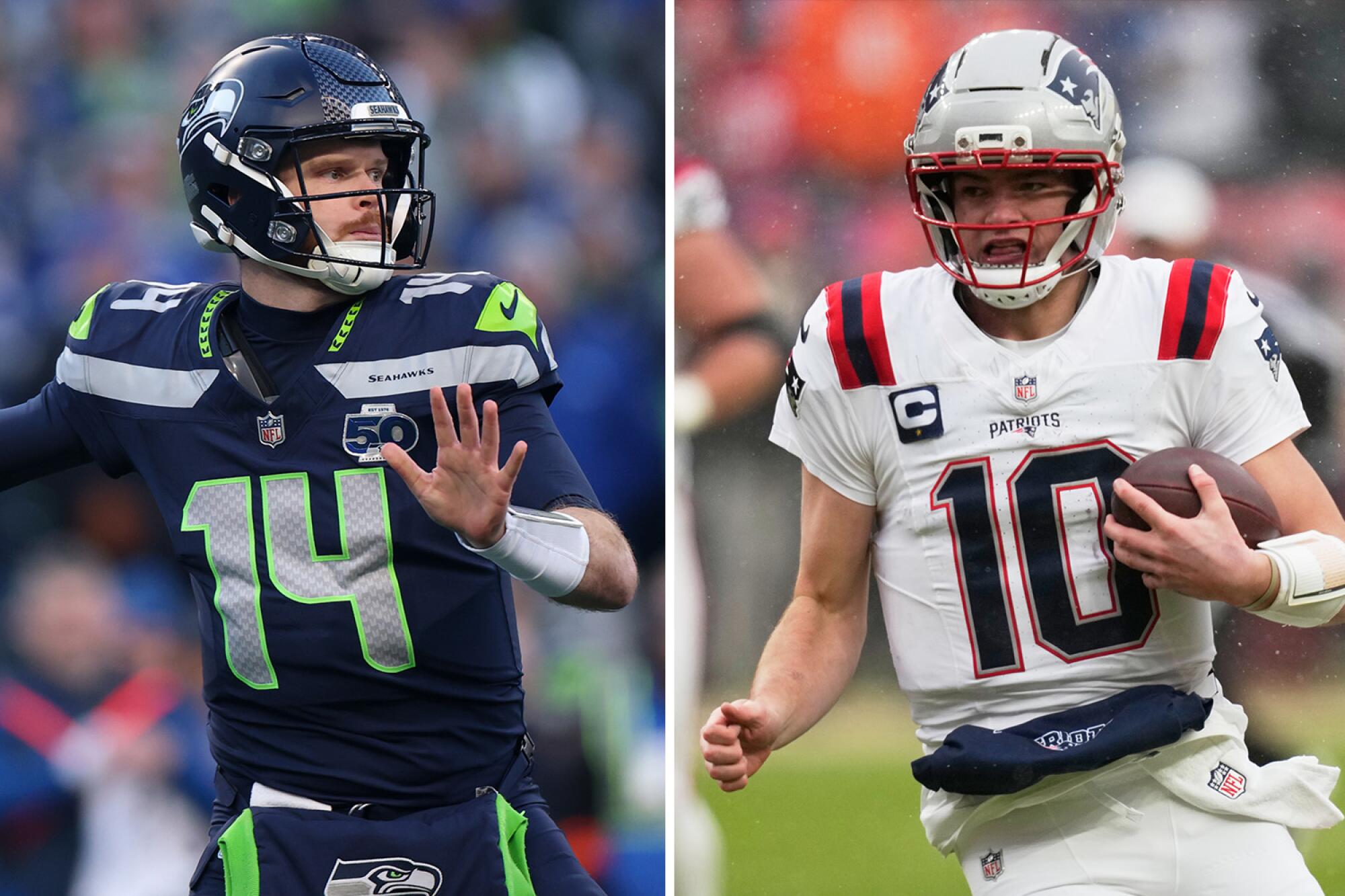 Seattle Seahawks quarterback Sam Darnold, left, and New England Patriots quarterback Drake Maye side by side.