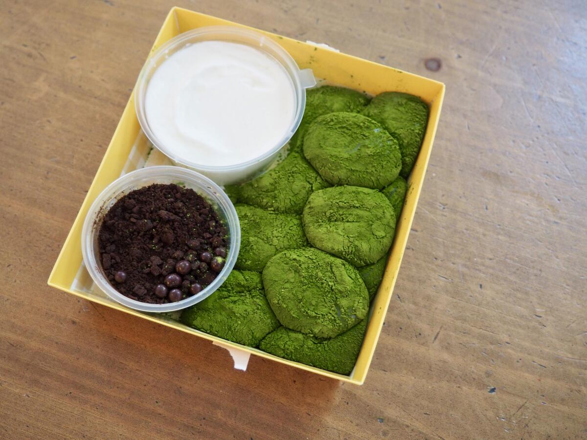 Matcha mochi and dip from Nuo Mochi in Monterey Park.