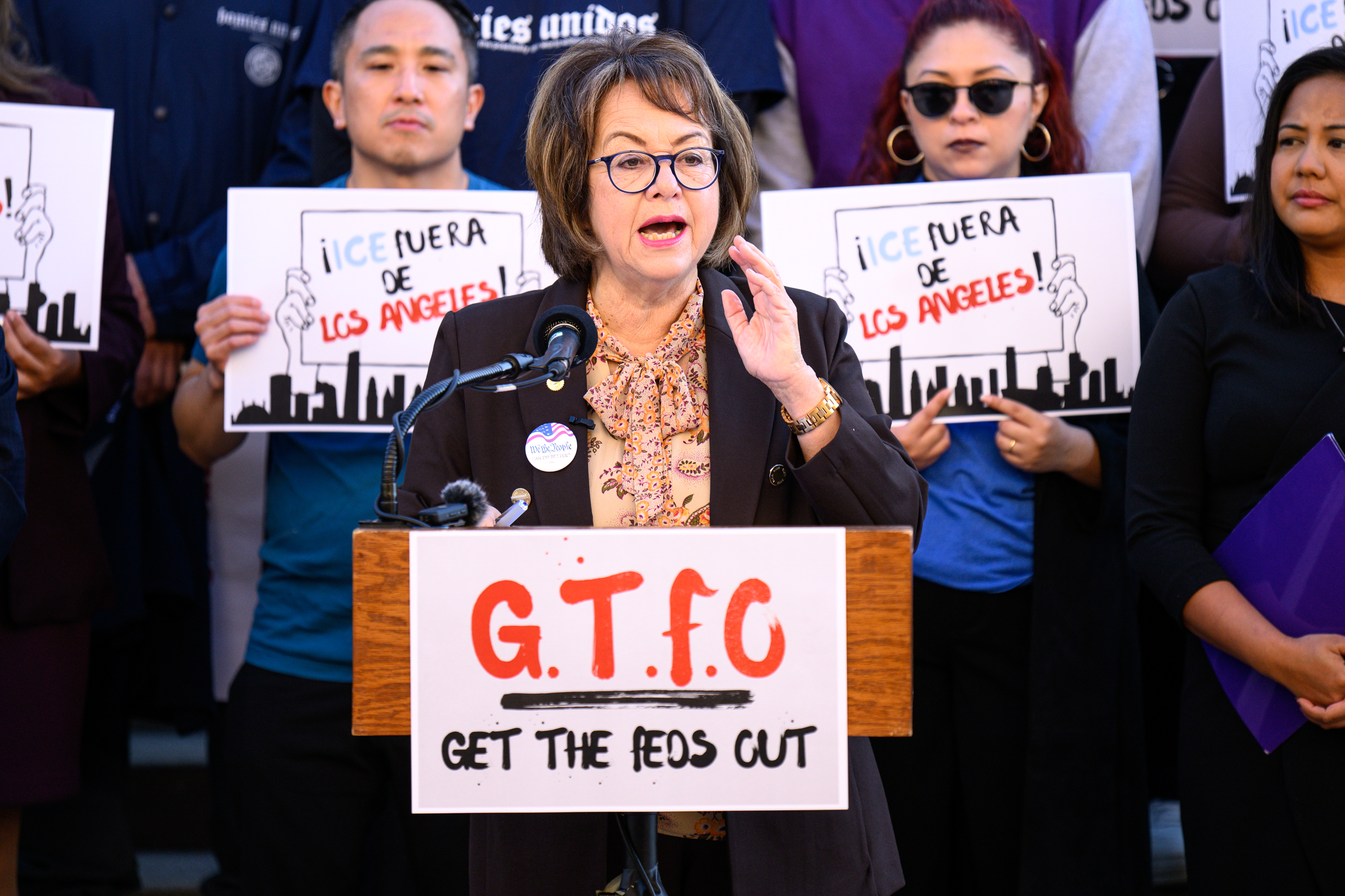State Sen. MarÃ­a Elena Durazo speaks at a press conference...
