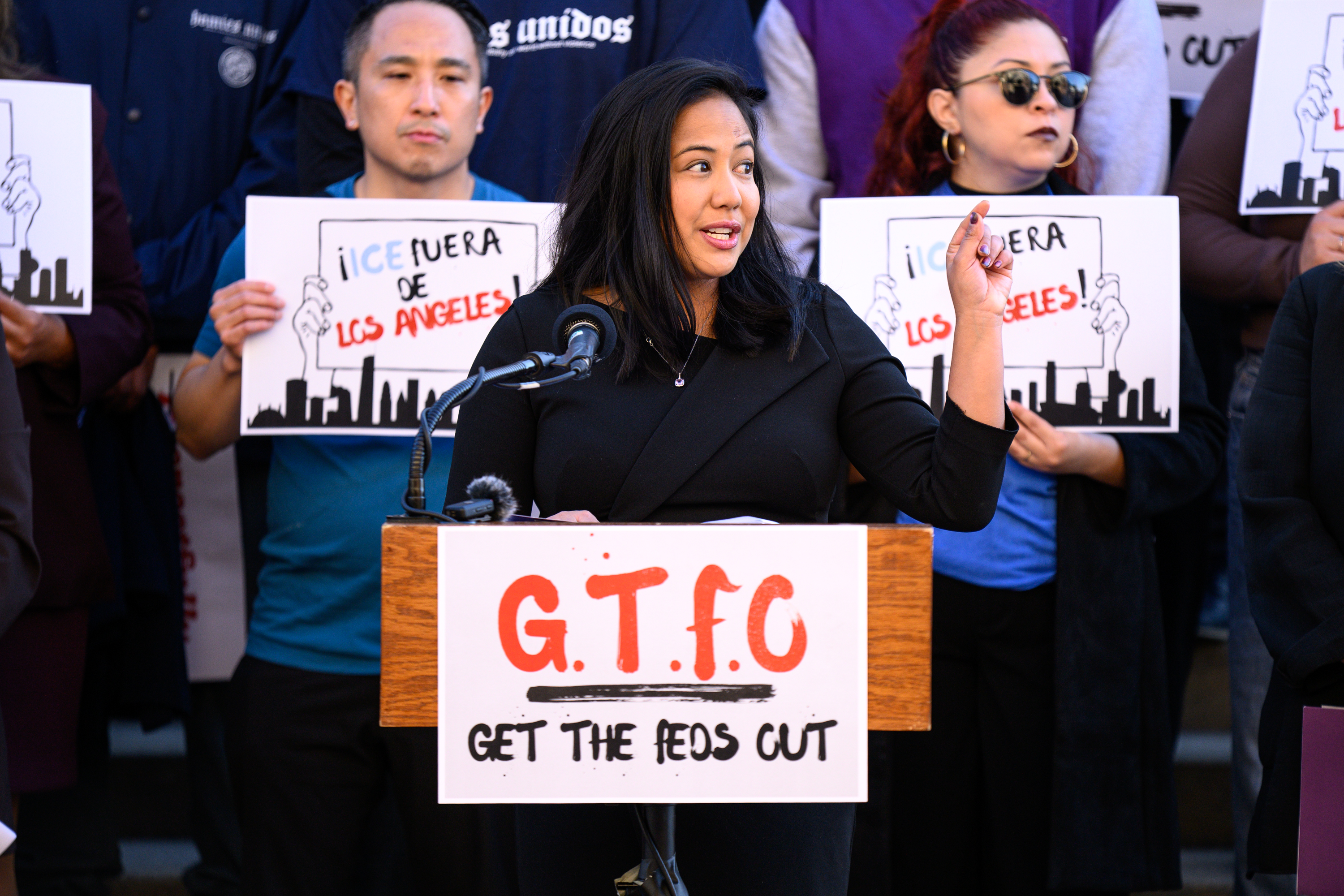 Los Angeles City Councilmember Ysabel Jurado speaks at a press...