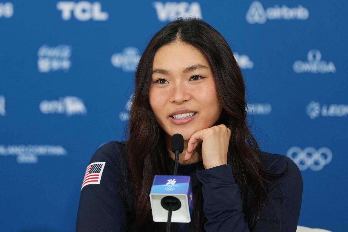 American Chloe Kim speaks during a news conference at the Winter Olympics in Livigno, Italy, on Monday.