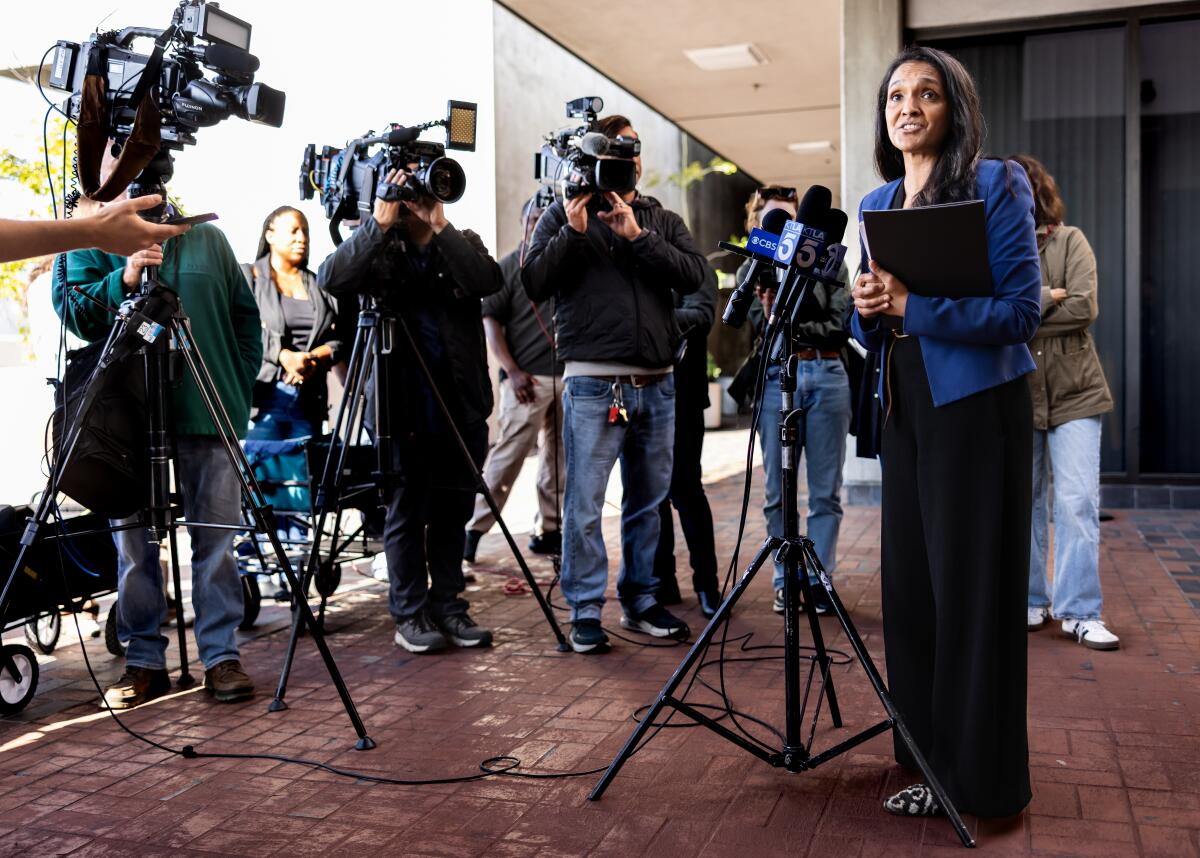 Councilmember Nithya Raman speaks to the press.