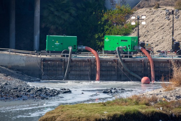The Dominguez Channel flowing through Carson, Calif. as levels of wretched-smelling hydrogen sulfide gas that have plagued south Los Angeles County communities for weeks are declining as authorities use various mitigation methods in a flood control channel. (Photo by Chuck Bennett, Contributing Photographer)
