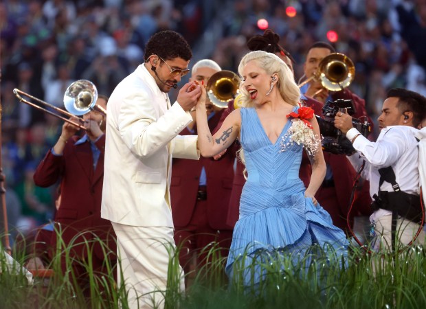 Bad Bunny and Lady Gaga perform during halftime of the NFL Super Bowl 60 football game between the New England Patriots and the Seattle Seahawks, Sunday, Feb. 8, 2026, in Santa Clara, Calif. (Nhat V. Meyer/Bay Area News Group)