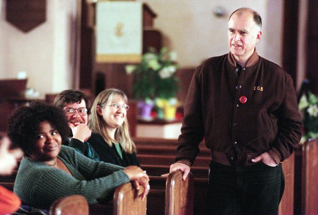 Oakland mayoral candidate Jerry Brown interacts with local residents at the Trinity Evangelical Lutheran Church in Oakland Saturday April 11, 1998. Brown spent the day talking and listening to small groups of the voting population around Oakland. (Kendra Luck/Bay Area News Group Archives)