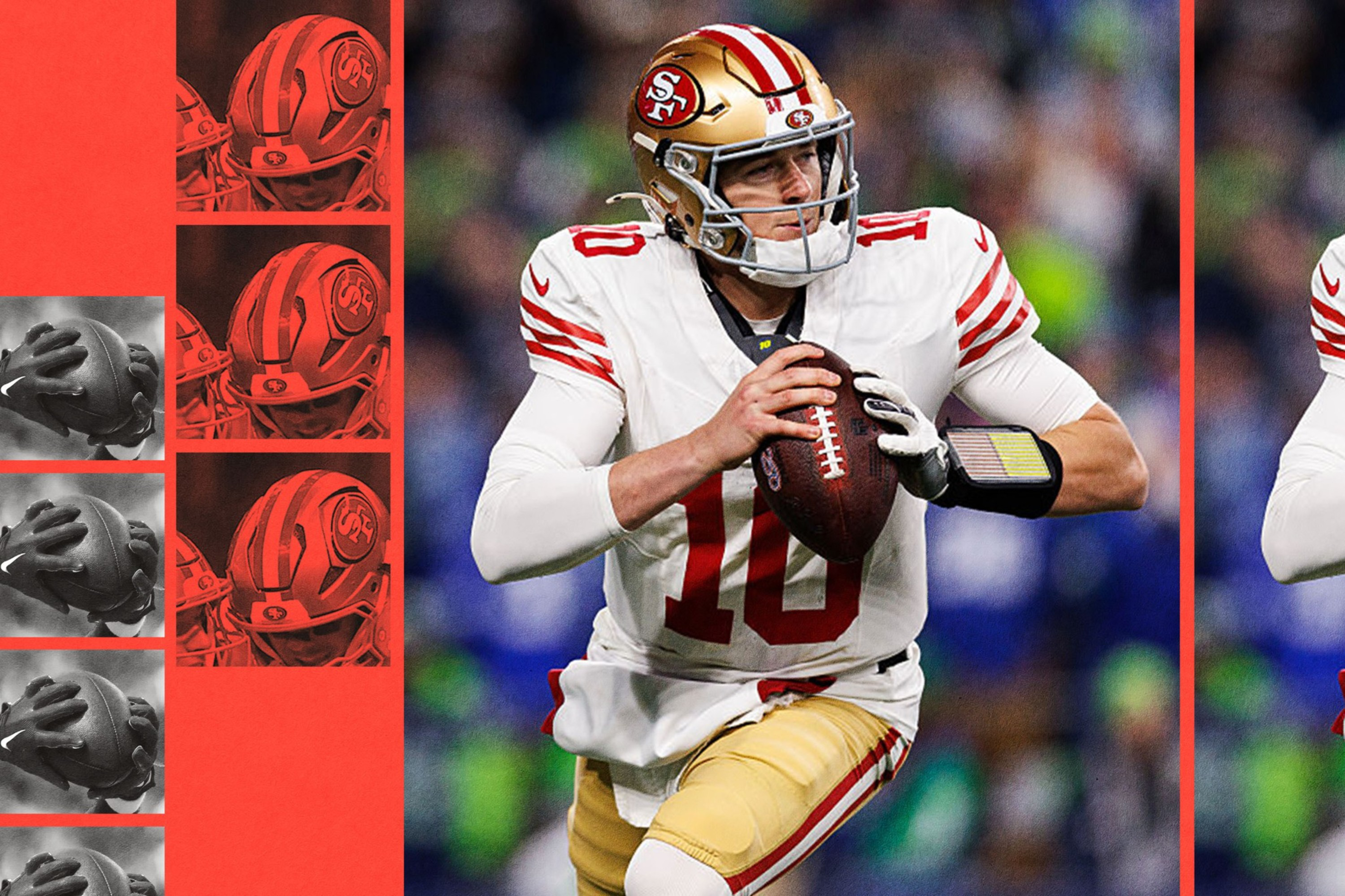 A football player in a white and red San Francisco 49ers uniform holds a football, preparing to throw while running on the field.