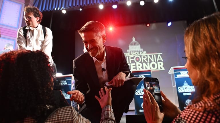 Matt Mahan talks to attendees after the California gubernatorial candidate...