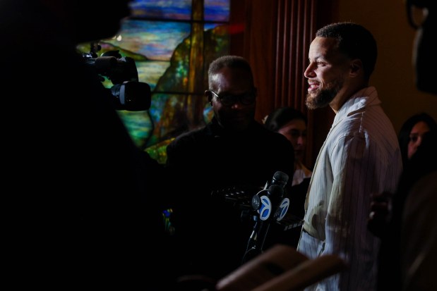Golden State Warriors star Steph Curry is interviewed on the red carpet for the screening of "GOAT" at the Grand Lake Theater in Oakland, Calif., on Tuesday, Feb. 10, 2026. The film, "GOAT," a story about a young goat trying to make his way into professional sports, was produced by Curry. (Ray Chavez/Bay Area News Group)