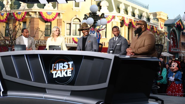 The ESPN analysts desk set up in Disneyland's Town Square following the Seattle Seahawks Super Bowl victory parade. (Courtesy of ESPN)