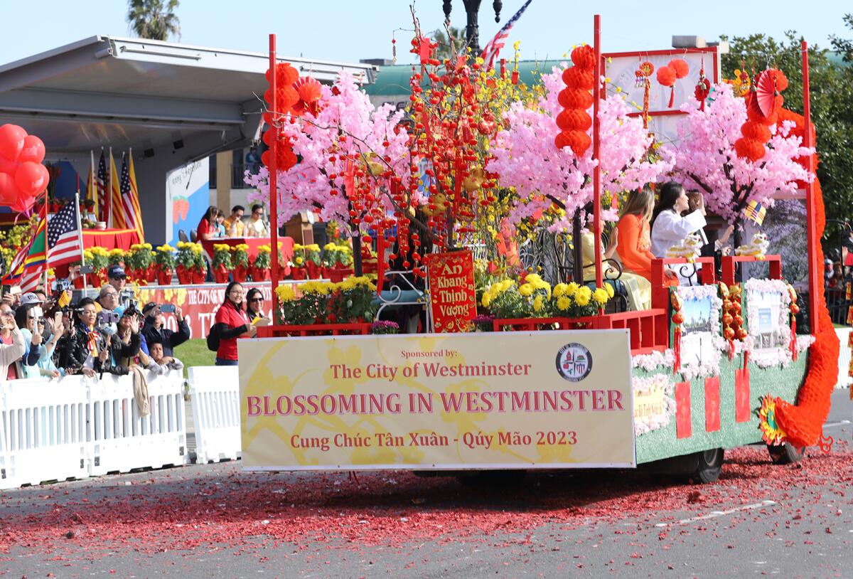 Blossoming in Westminster float during the 2023 Westminster Tet Parade along Bolsa Avenue.