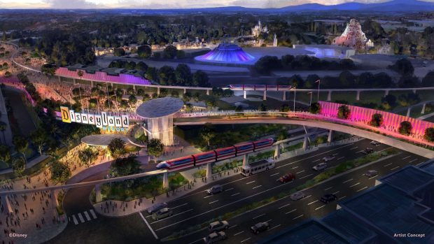 Concept art of the Disneyland pedestrian bridge over Harbor Boulevard set to begin construction in Fall 2026. (Courtesy of Disney)