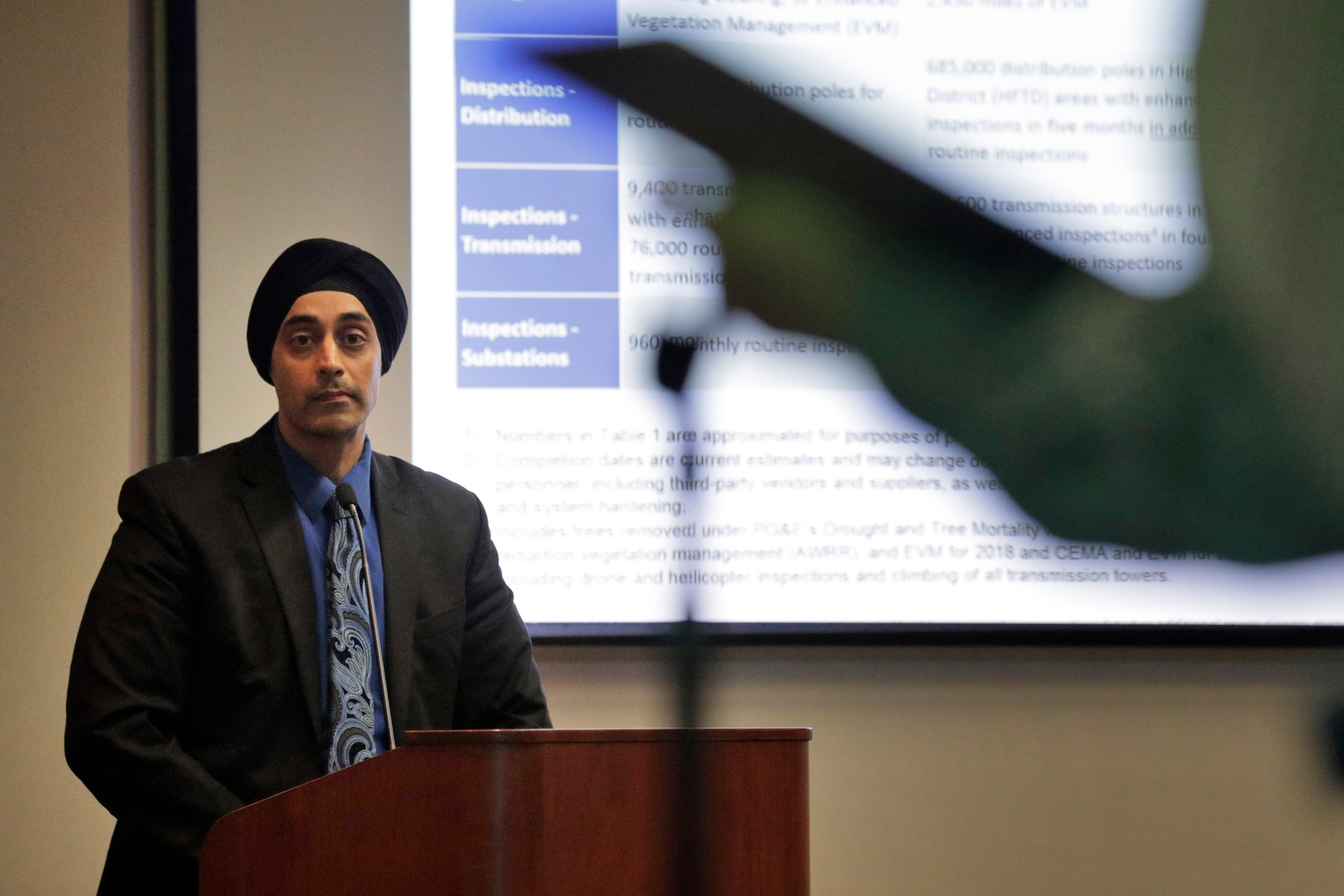 A man wearing a black suit, blue shirt, patterned tie, and black turban stands behind a wooden podium with a presentation screen behind him.