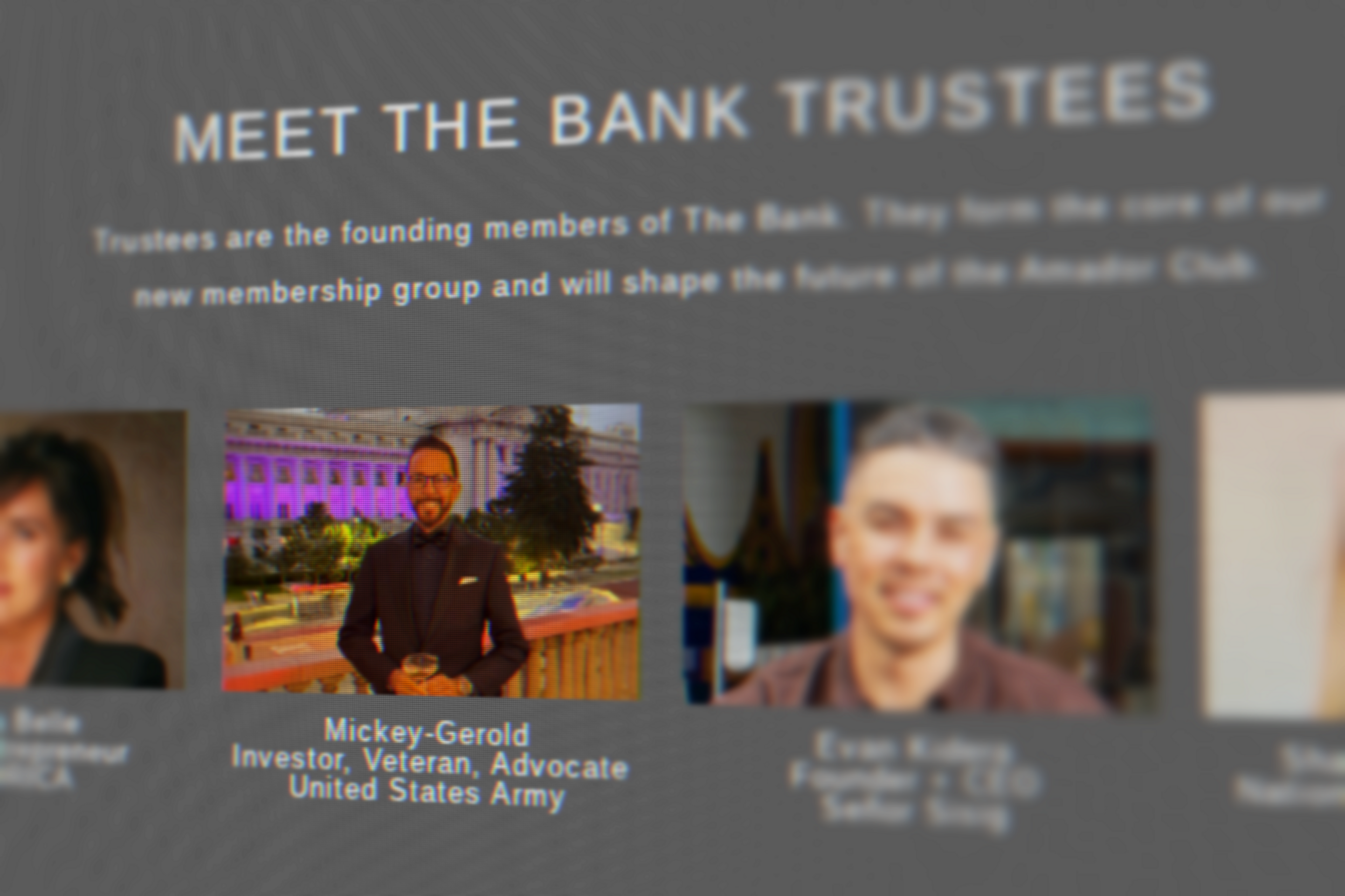 Founding members of The Bank, including Mickey-Gerold, an investor, veteran, and advocate with the United States Army, are introduced as trustees shaping the future.