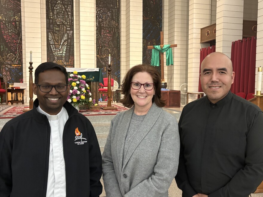 Father Rubi Peter (left), Parish Life Coordinator Katie Fleener (middle), and Father David Gutierrez (right) from St. Paul Newman Center in Fresno pose for a photo on Wednesday, Feb. 11, 2025.