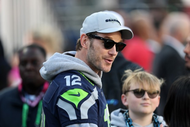 SANTA CLARA, CALIFORNIA - FEBRUARY 08: Chris Pratt and son, Jack Pratt attend Super Bowl LX between the Seattle Seahawks and the New England Patriots at Levi's Stadium on February 08, 2026 in Santa Clara, California. (Photo by Chris Graythen/Getty Images)