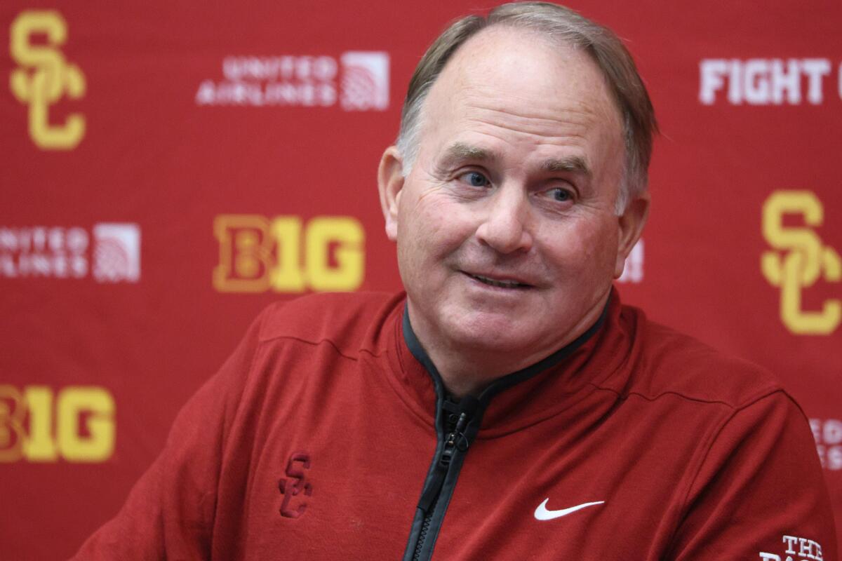 New USC defensive coordinator Gary Patterson takes questions from the media during a news conference.