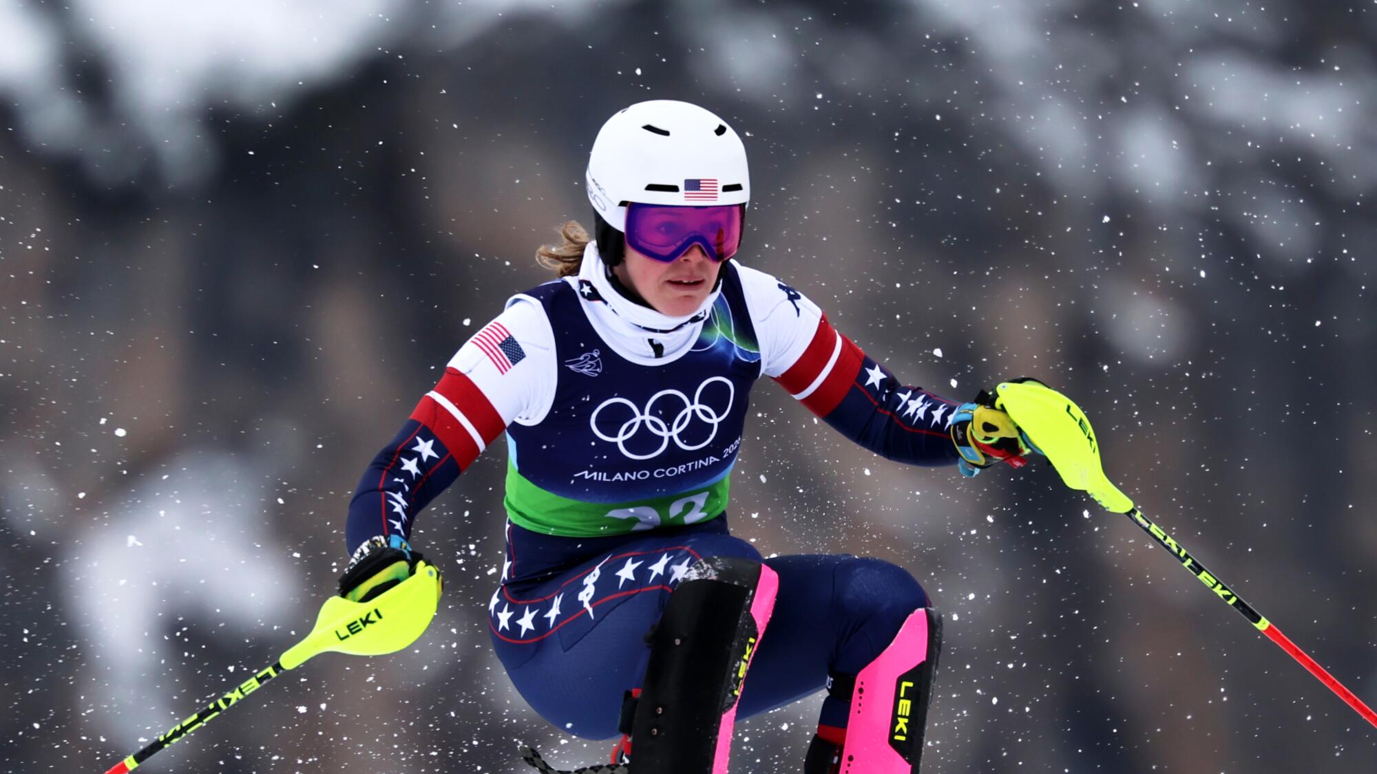 U.S. skier A.J. Hurt competes in the slalom portion of the women's team combined on Tuesday.