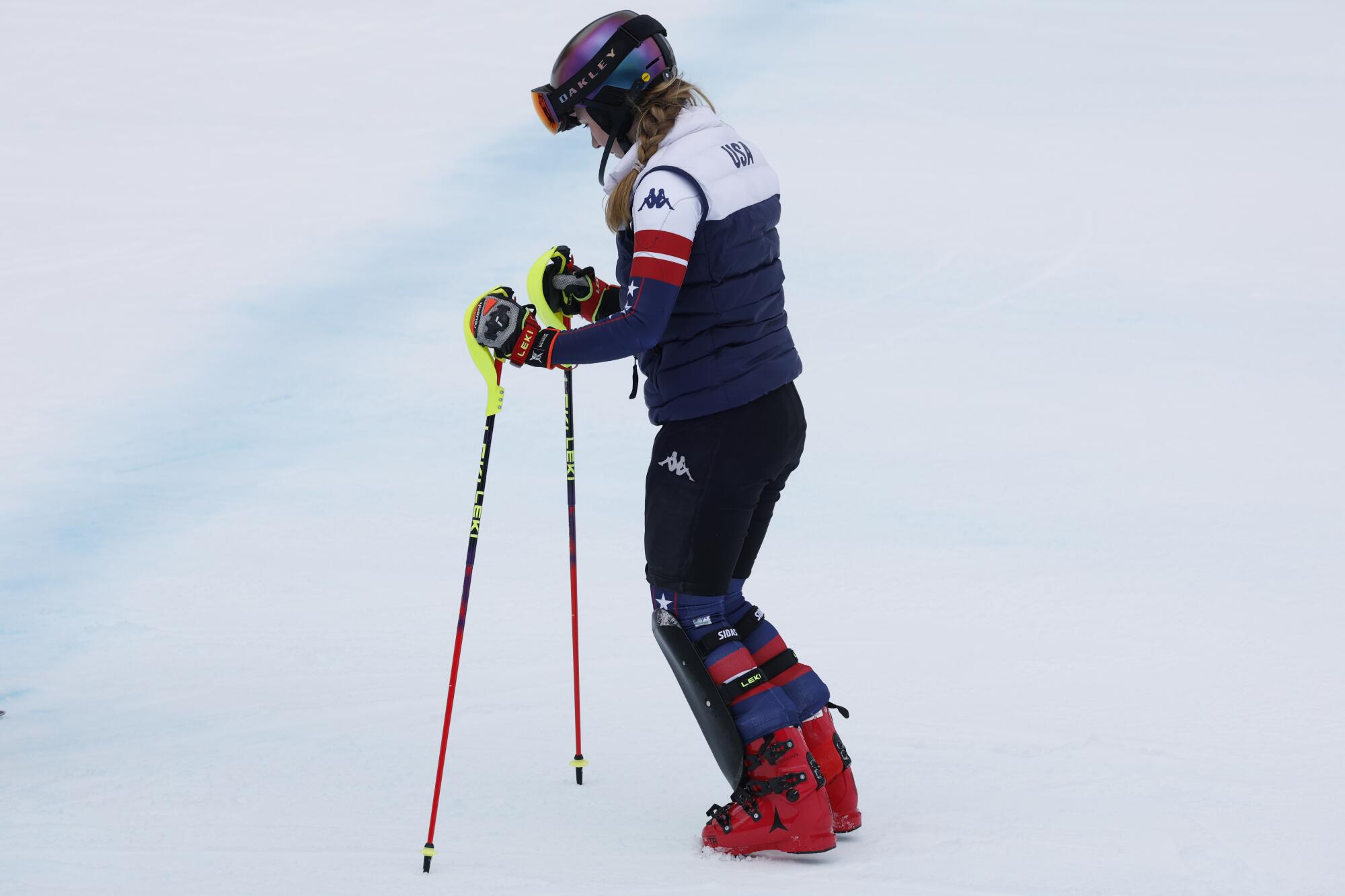U.S. skier Mikaela Shiffren visualizes her slalom run in the women's team combined before making her run on Feb. 10.