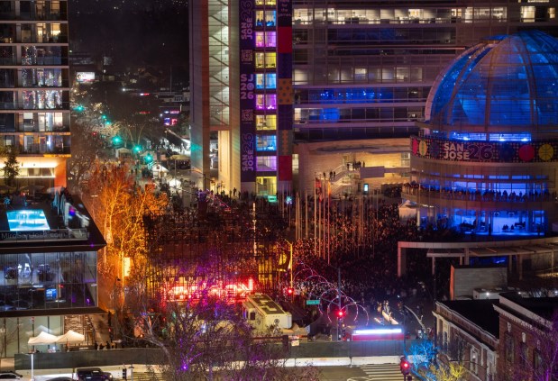 A large crowd attends the Kehlani performance during the Big Game Block Party on East Santa Clara Street in front of City Hall in downtown San Jose, Calif., on Friday, Feb. 7, 2026. (Doug Duran/Bay Area News Group)