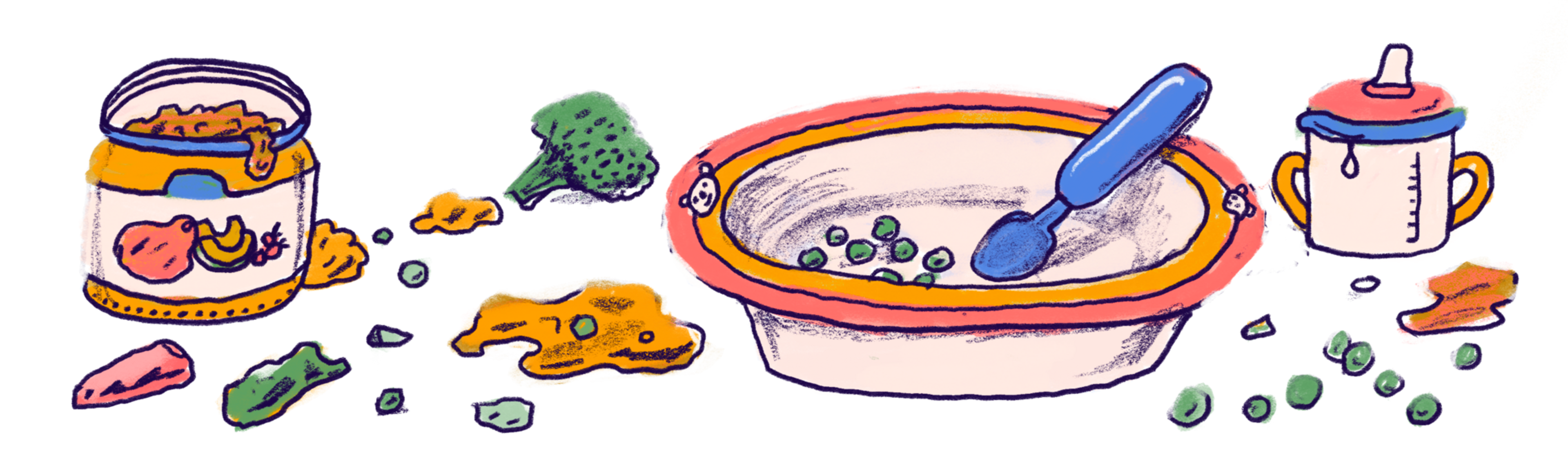 An empty baby food bowl with a spoon, a jar of baby food, scattered peas and vegetables, and a baby sippy cup with a pink lid are on a surface.