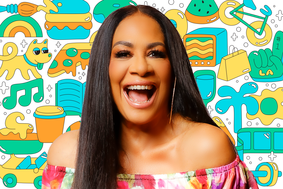 Photo of a person on a background of colorful illustrations like a book, dog, pizza, TV, shopping bag, and more