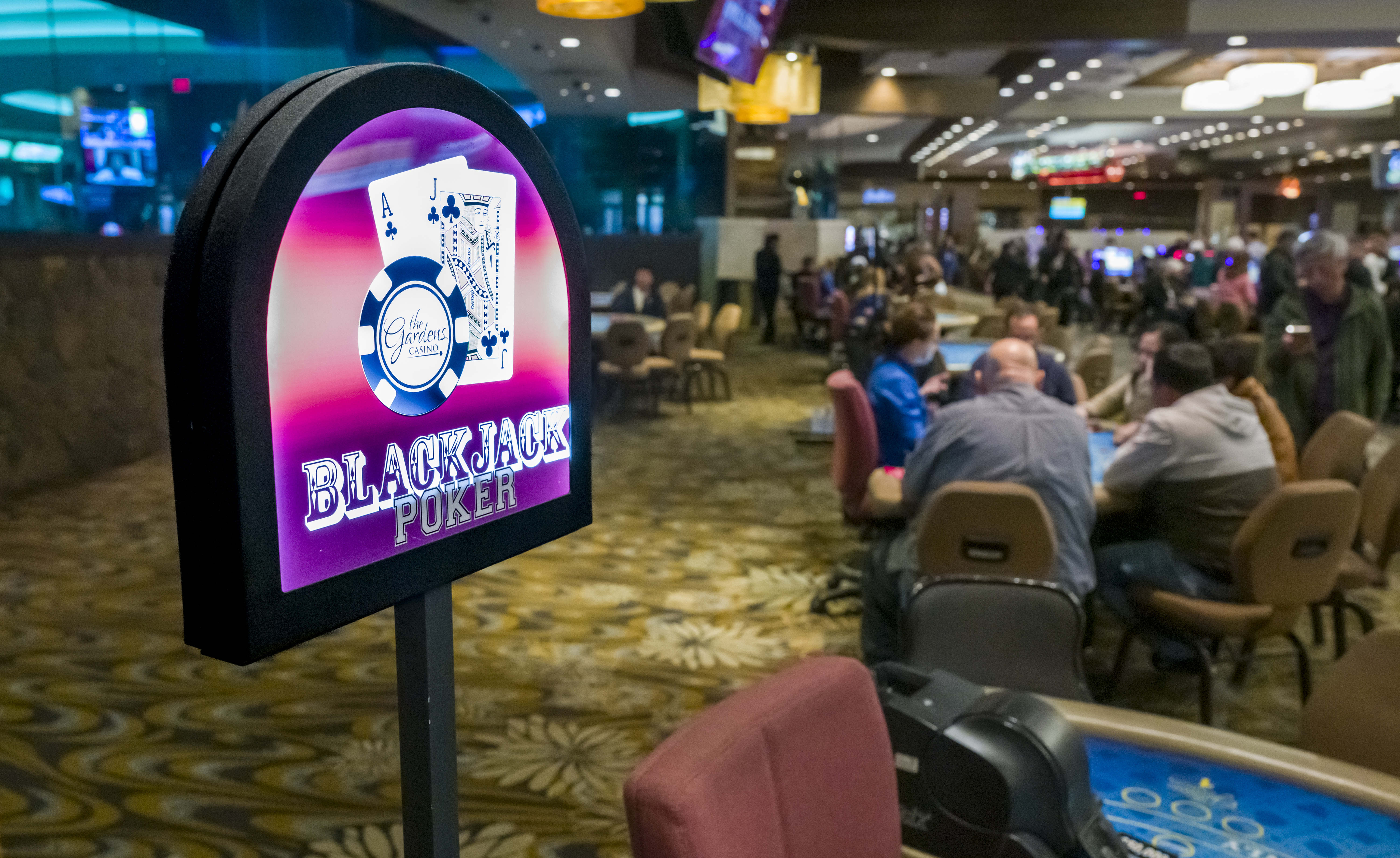 The Blackjack poker tables at The Gardens Casino in Hawaiian...