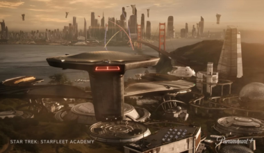 Futuristic cityscape with advanced flying crafts above water, Golden Gate Bridge, and high-tech circular buildings under a golden sky.