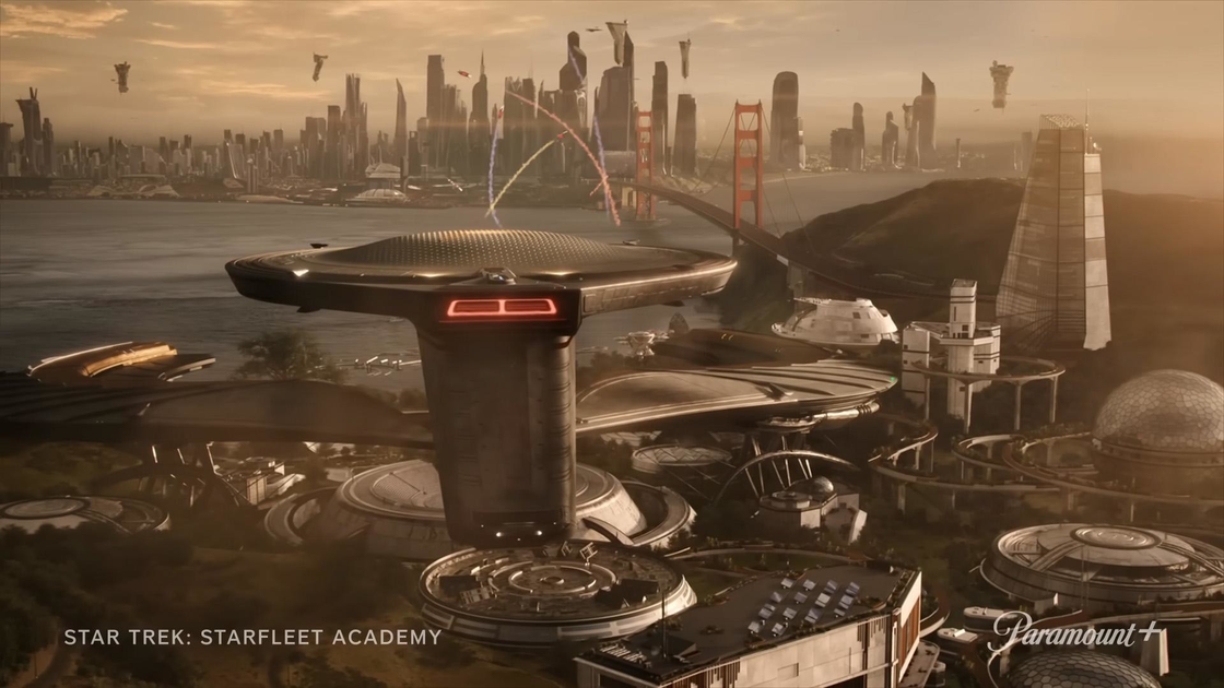 Futuristic cityscape with advanced flying crafts above water, Golden Gate Bridge, and high-tech circular buildings under a golden sky.