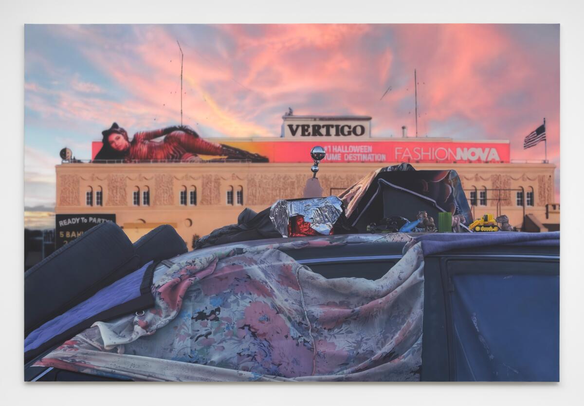 A painting of an abandoned car.