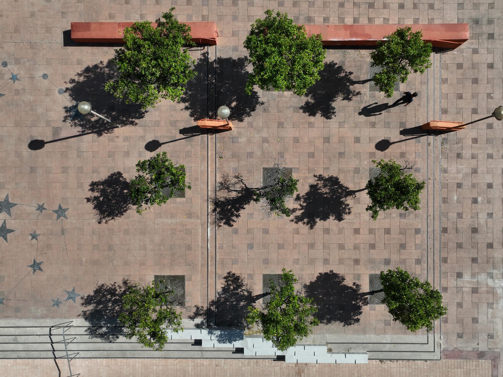 Aerial view of hardscpe area inside Pershing Square in Los Angeles.