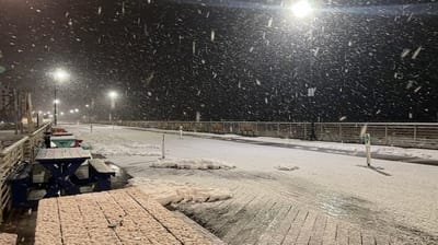 Snow falls on on the Boardwalk in Long Beach Sunday...