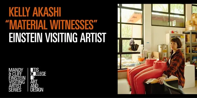 A poster featuring a woman with two sculptures of life-size lower bodies, text reading "Kelly Akashi Material Witnesses Einstein Visiting Artist"