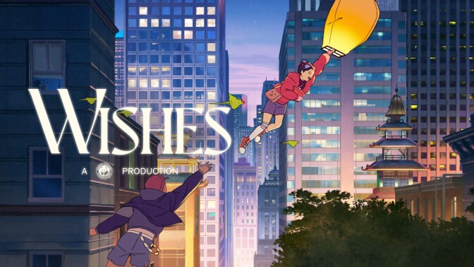 An illustrated poster for Wishes with a person reaching with an outstretched hand toward a woman floating away while holding onto a lantern.