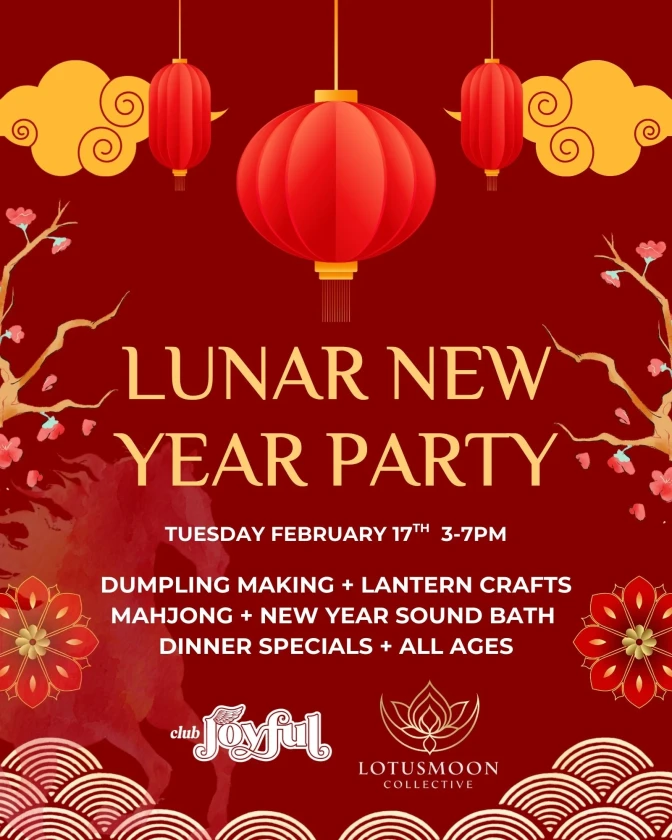 A red poster with lanterns reading "Lunar New Year Party."