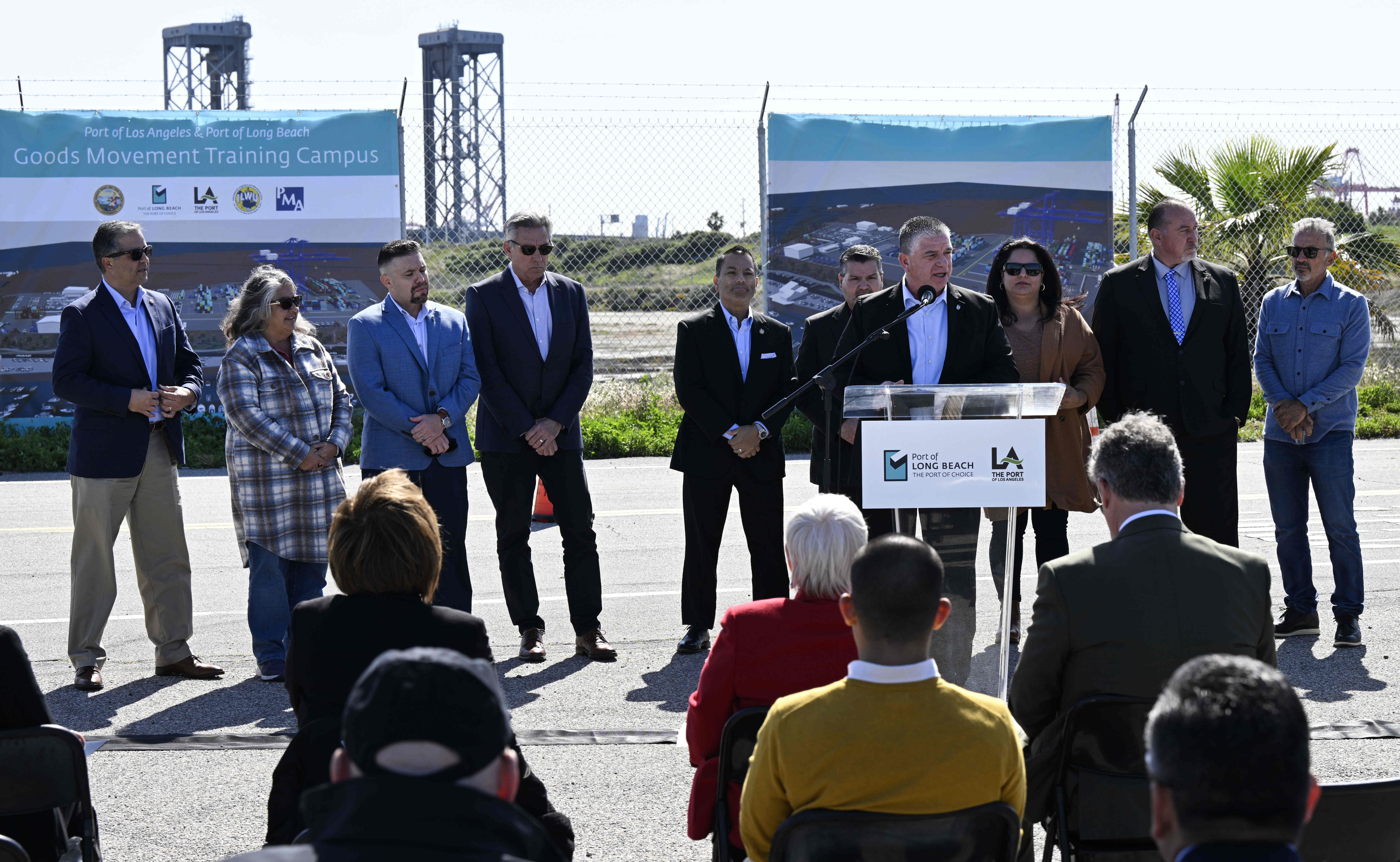 Ramon Ponce De LeÃ³n, president ILWU Local 13, speaks at...