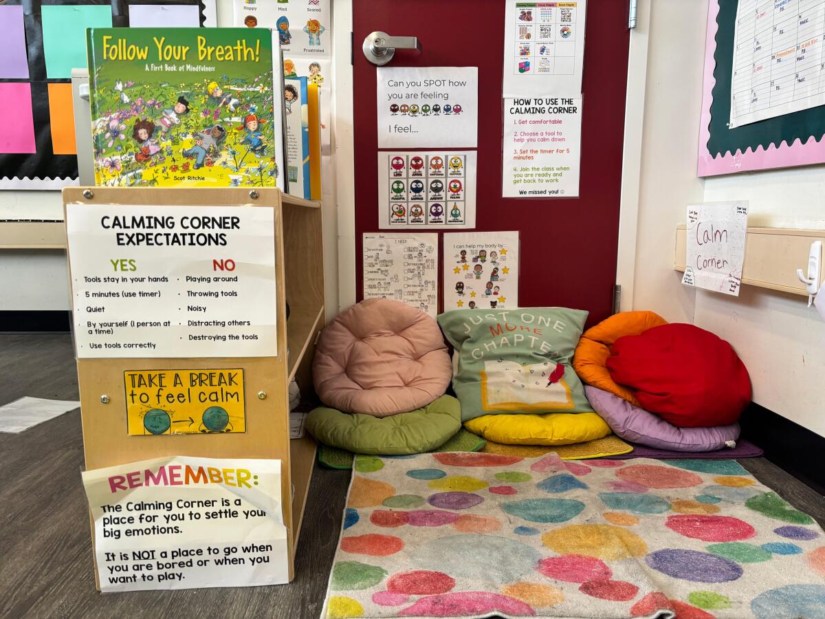 "Calm corner" in a classroom at Lead Elementary provides a quiet area for students to sit when feeling sad or angry.