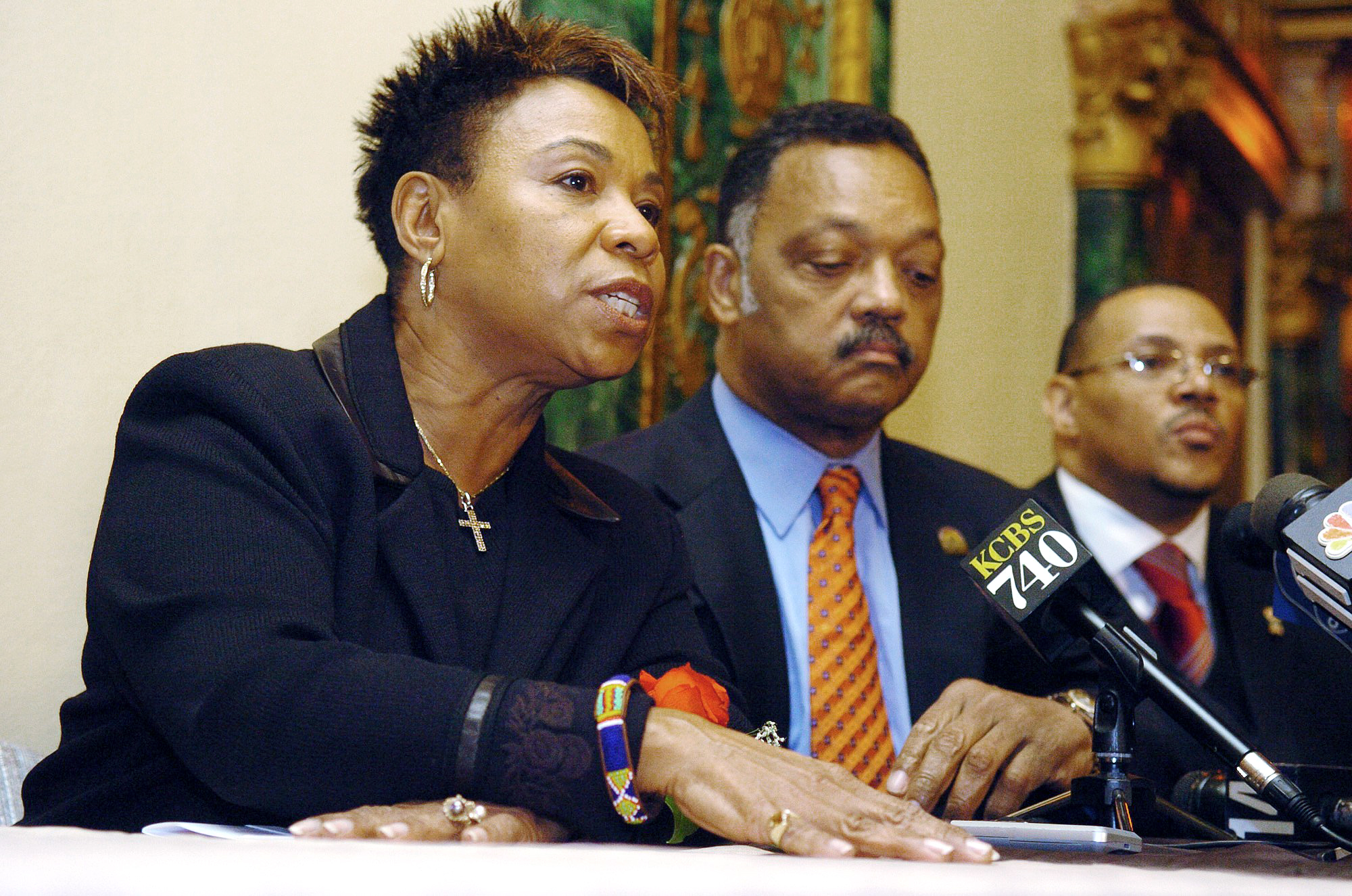 Rep.Barbara Lee and Jesse Jackson speak at a press conference...