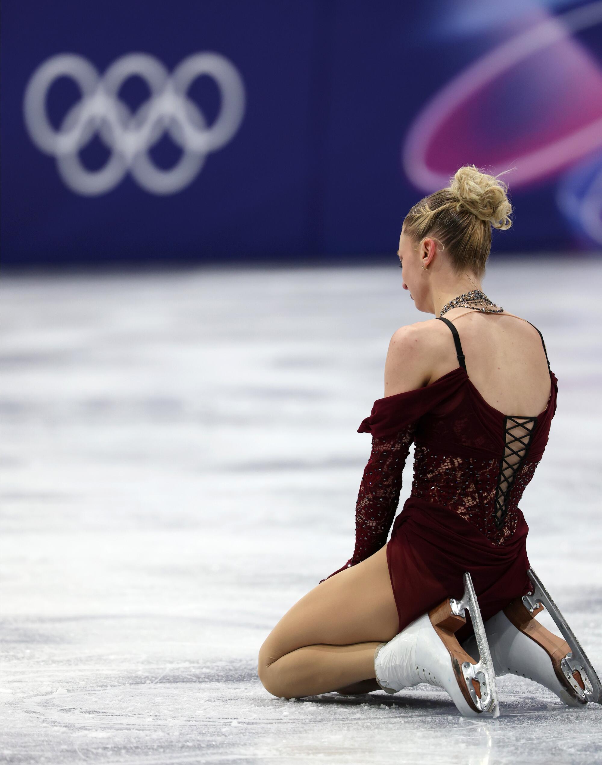 U.S. figure skater Amber Glenn collects herself after competing in the women's short program Tuesday.