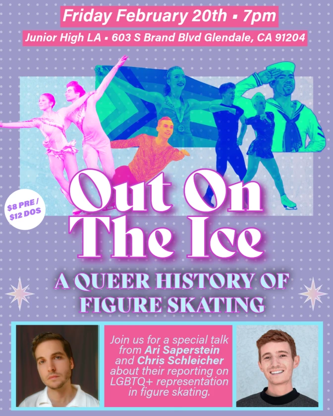 A poster for an event, with text reading Out on the Ice, A Queer History of Figure Skating. Images of skaters are in the background.