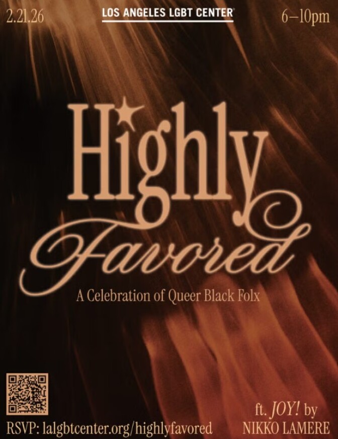 A brown and gold poster reading Highly Favored.