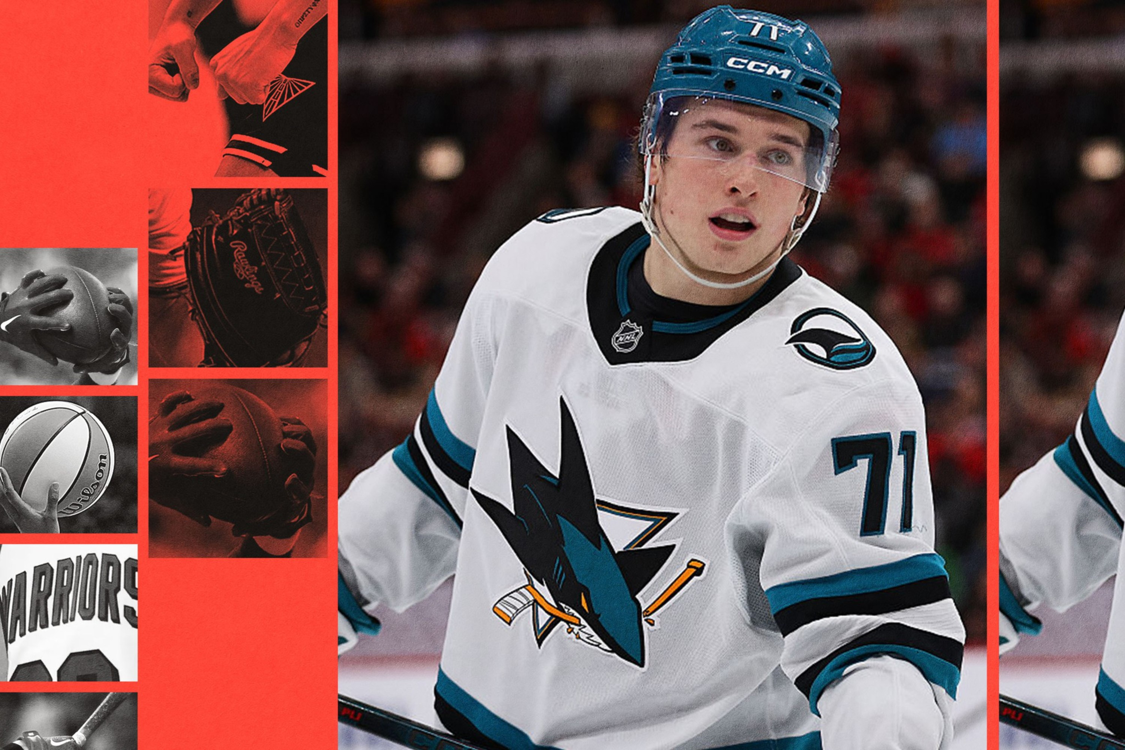 A hockey player wearing a white San Jose Sharks jersey with number 71 and a blue helmet skates on the ice with a focused expression.