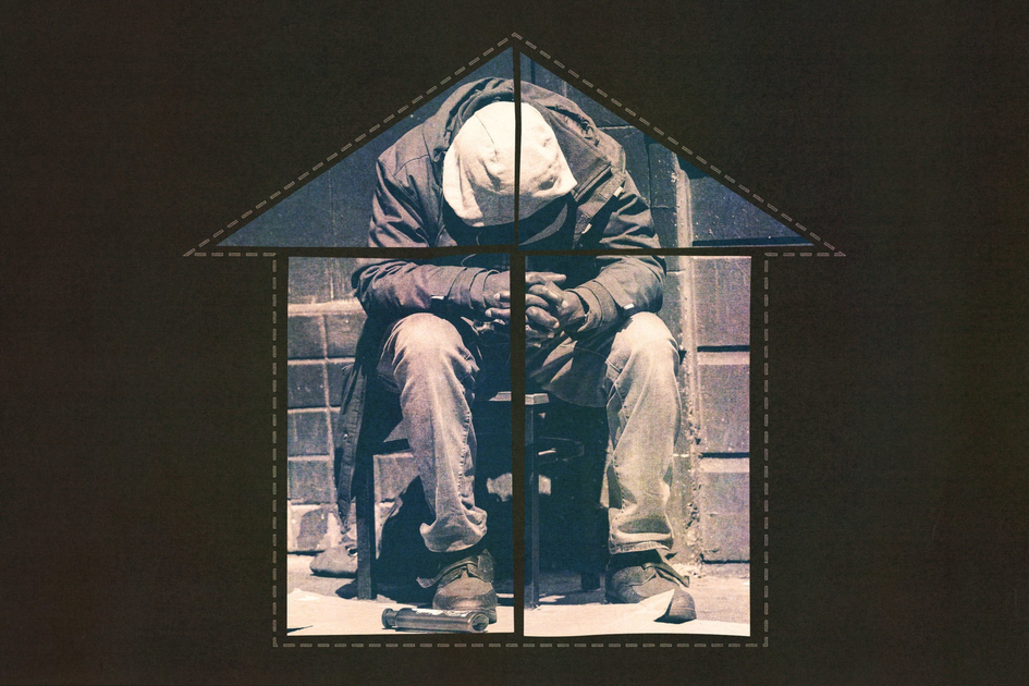 A person sits on a chair with their head down, hands clasped, framed inside the outline of a house with a cross dividing it.