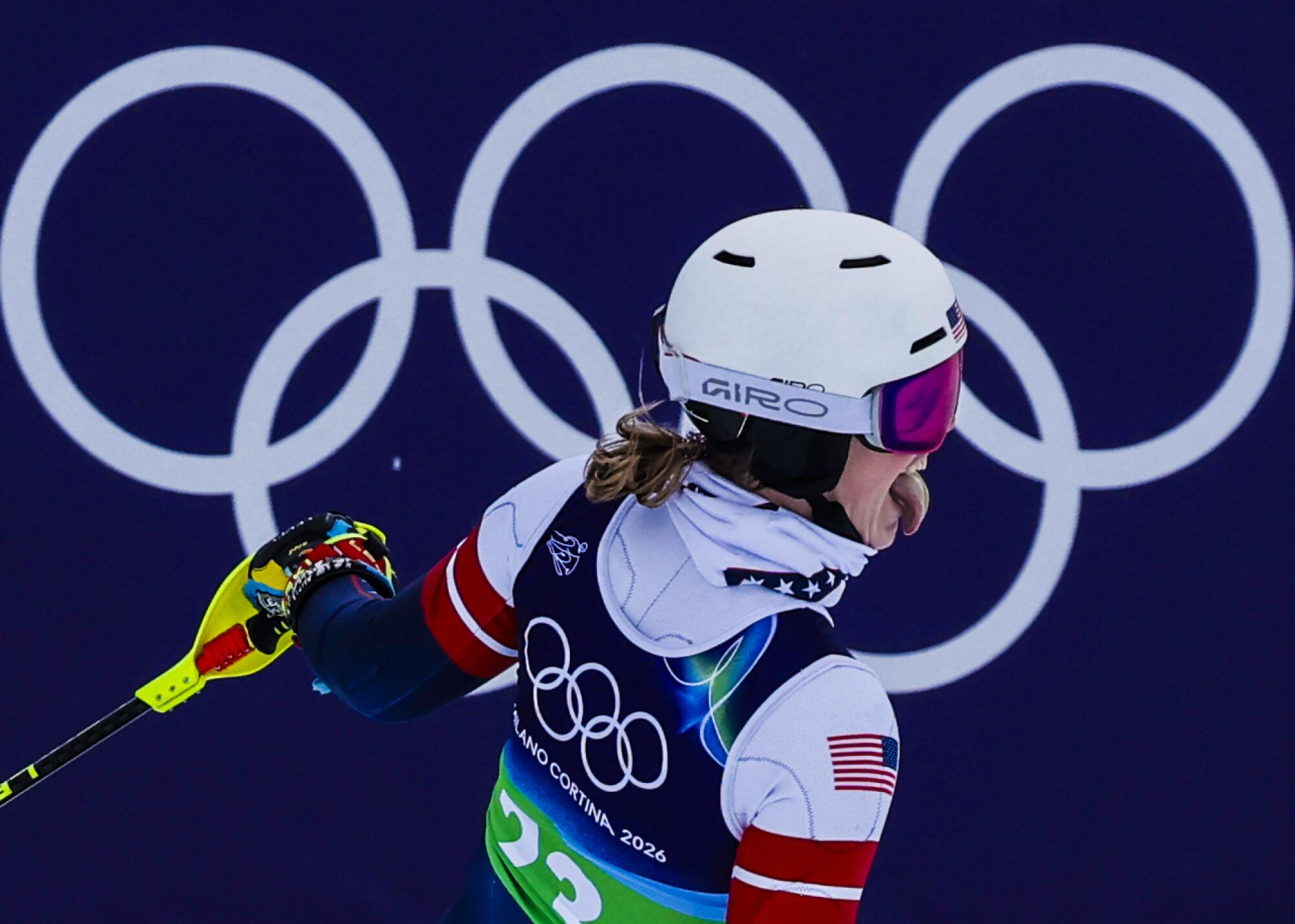 USA skier AJ Hurt wags her tongue after a successful slalom run at the Women's Team Combined Slalom.