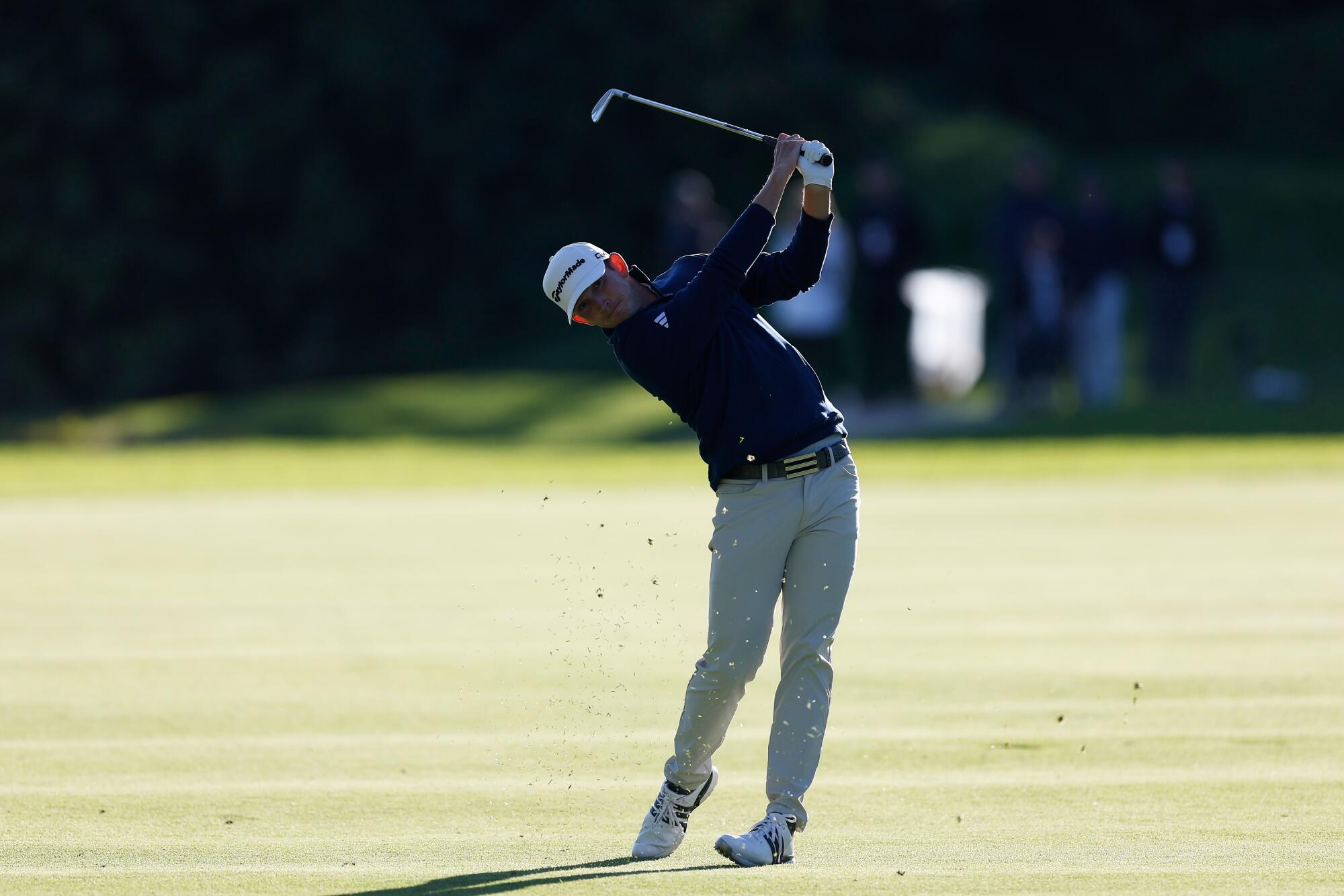 Jacob Bridgeman hits from the 18th fairway during the second round of the Genesis Invitational at Riviera Country Club.