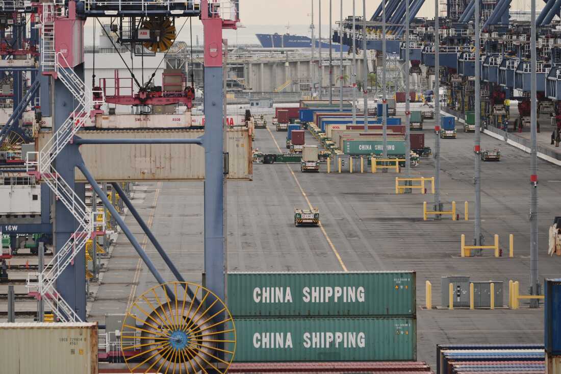 Containers are stacked at the Port of Long Beach Friday, Feb. 20, 2026, in Long Beach, Calif.