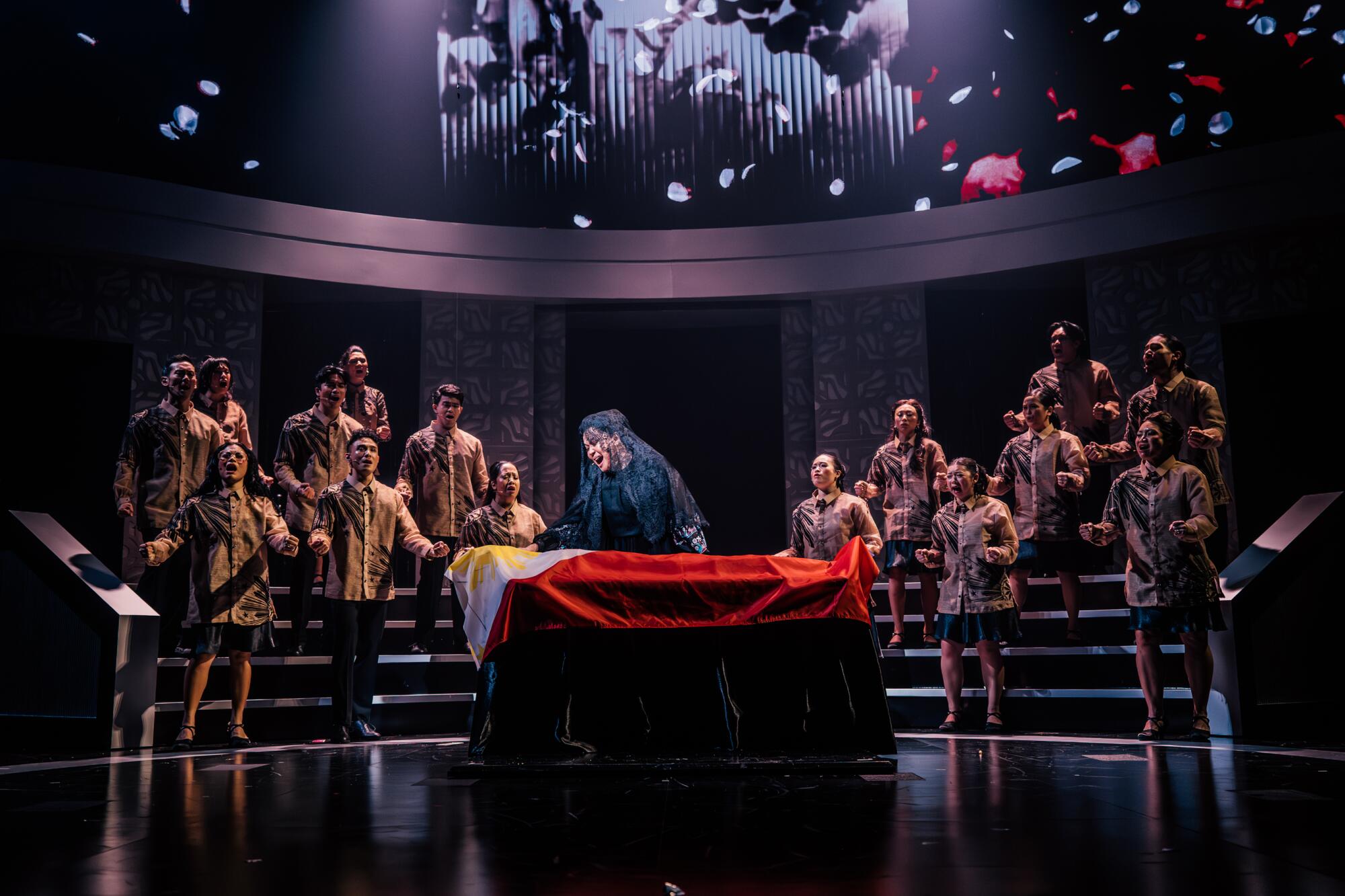 Joan Almedilla and the company of "Here Lies Love" at the Mark Taper Forum.